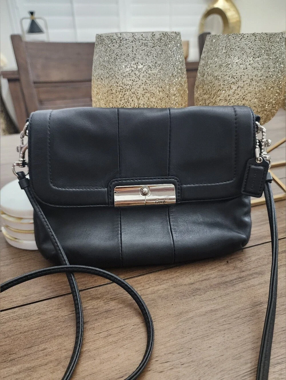Coach Small Black Leather Crossbody with Silver Hardware